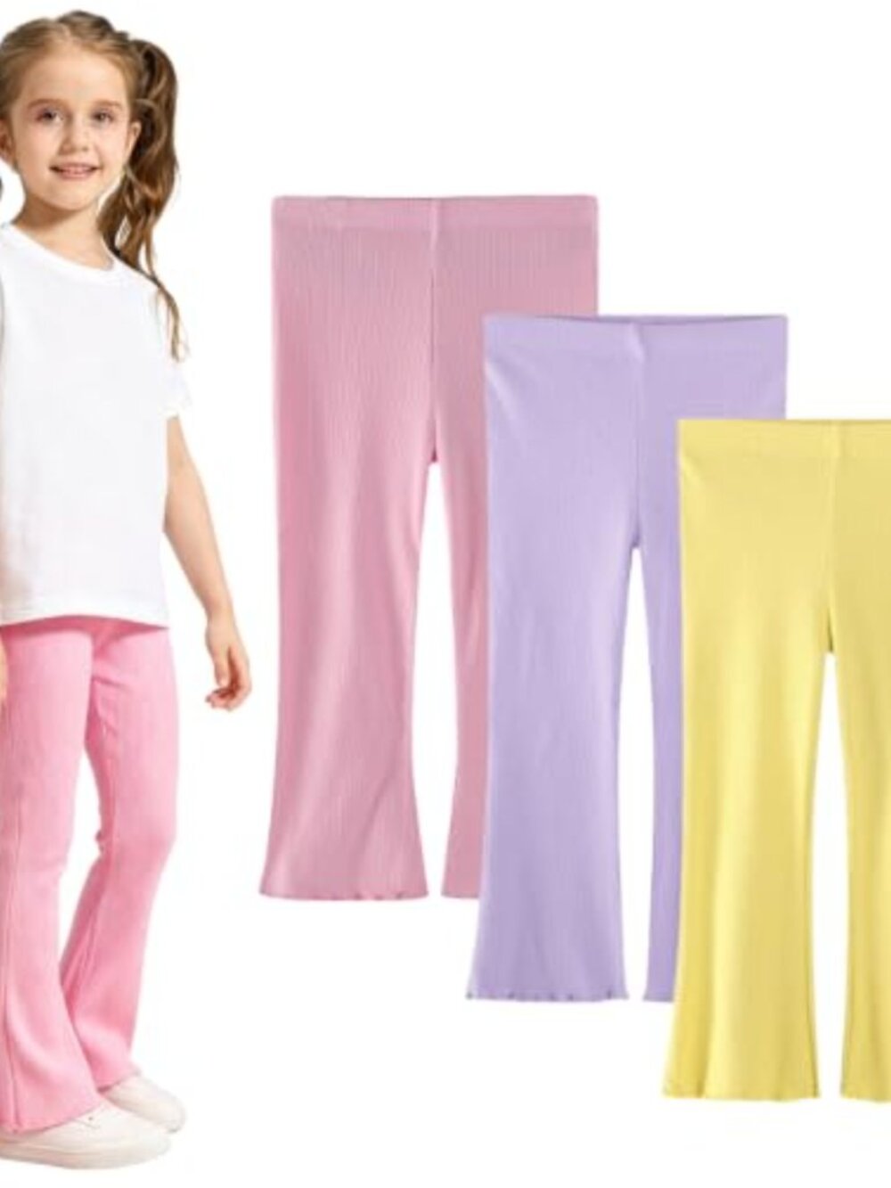Girls Ribbed Flare Leggings Scalloped Hem Bootcut Pants Pull On